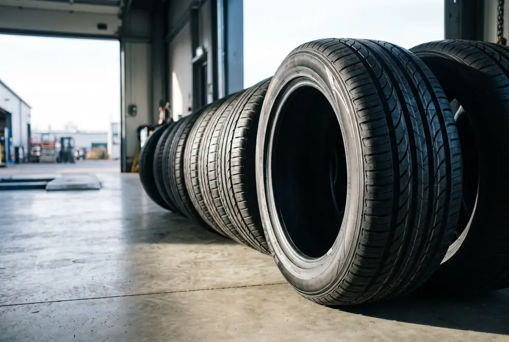 Fila de llantas nuevas de pie sobre el suelo de hormigon del taller